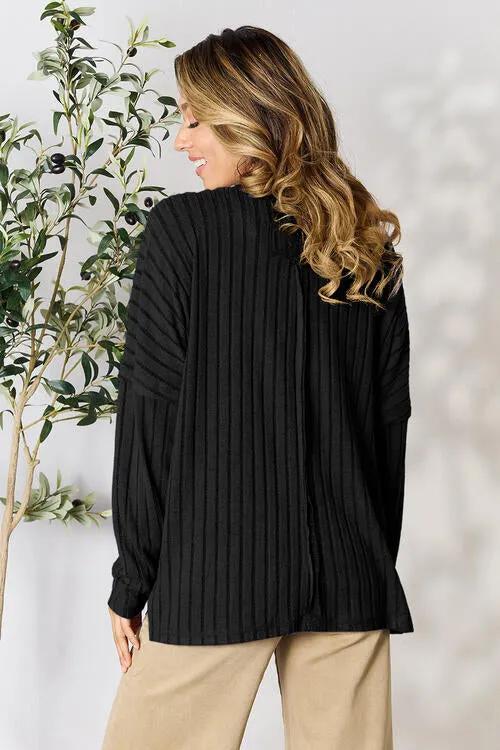 Stevie Basic Bae Full Size Ribbed Round Neck Slit Knit Top