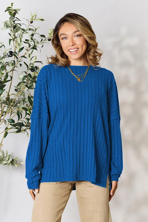 Stevie Basic Bae Full Size Ribbed Round Neck Slit Knit Top