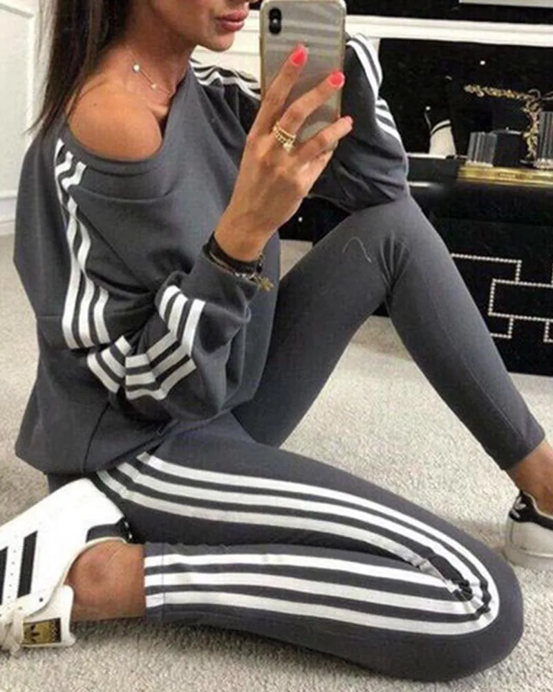 Striped Tape Long Sleeve Top & Pants Set - Gray