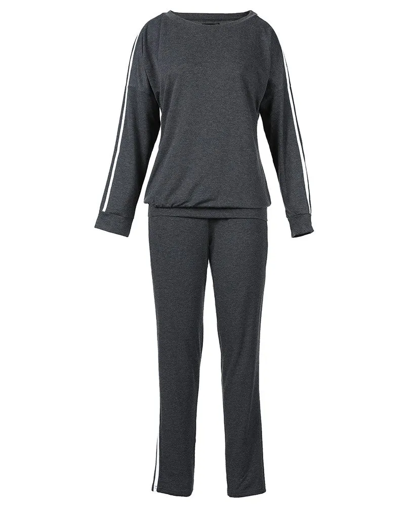 Striped Tape Long Sleeve Top & Pants Set - Gray