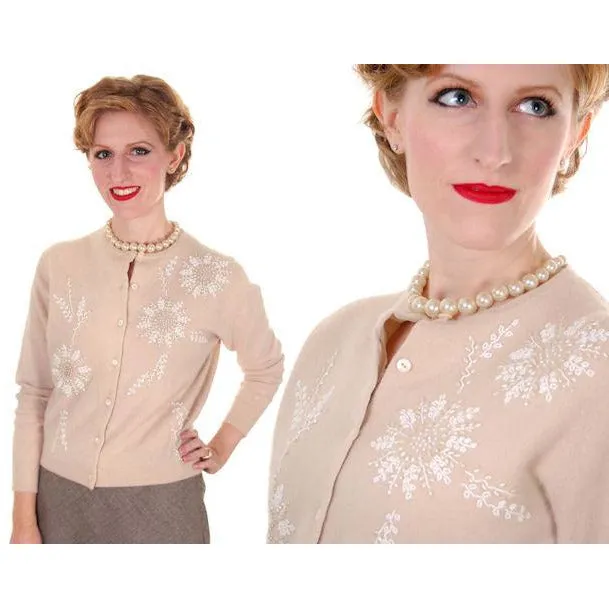 Vintage Taupe Cashmere Beaded Cardigan Sweater 1950s Small-Med