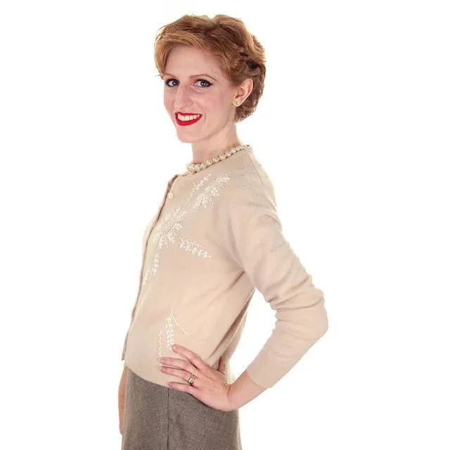 Vintage Taupe Cashmere Beaded Cardigan Sweater 1950s Small-Med