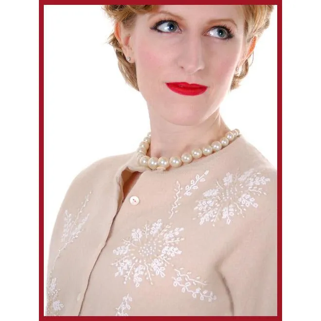 Vintage Taupe Cashmere Beaded Cardigan Sweater 1950s Small-Med