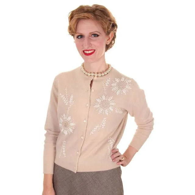Vintage Taupe Cashmere Beaded Cardigan Sweater 1950s Small-Med
