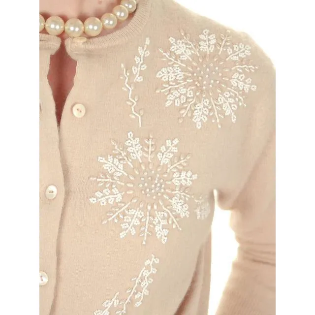 Vintage Taupe Cashmere Beaded Cardigan Sweater 1950s Small-Med