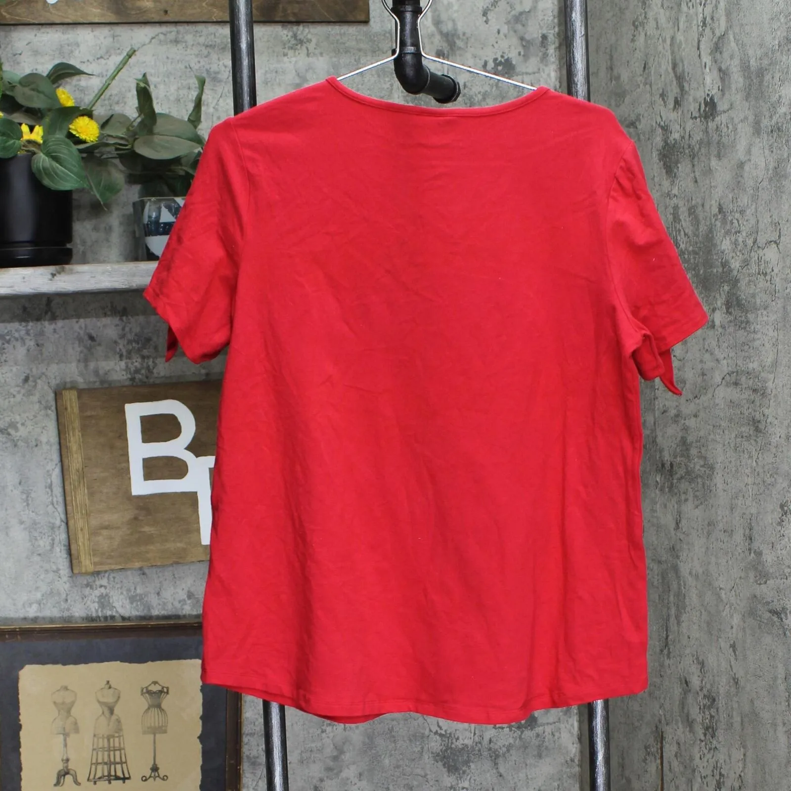 Women with Control Womens Knit Arm Tie Short Sleeve Shirt Top Red L