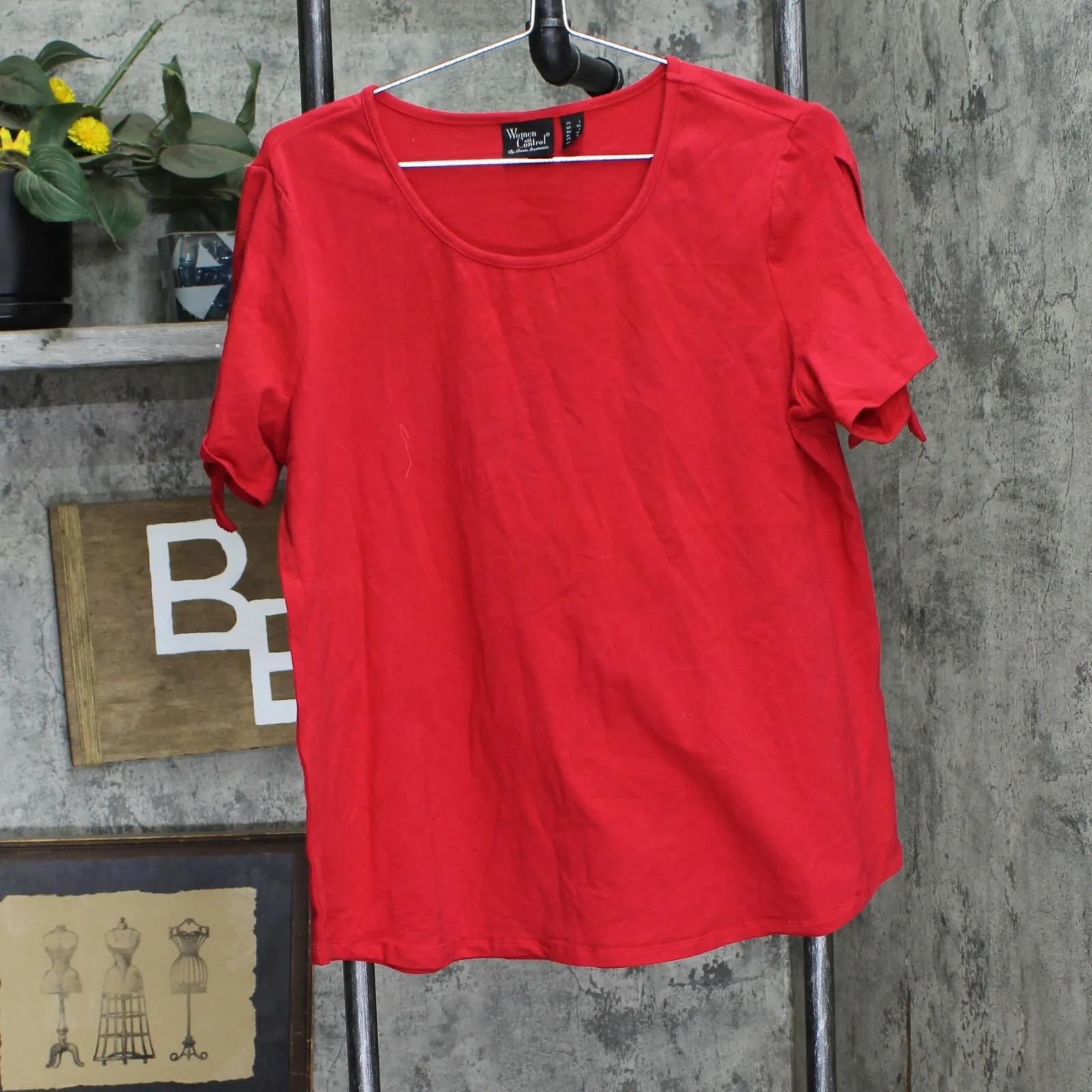 Women with Control Womens Knit Arm Tie Short Sleeve Shirt Top Red L