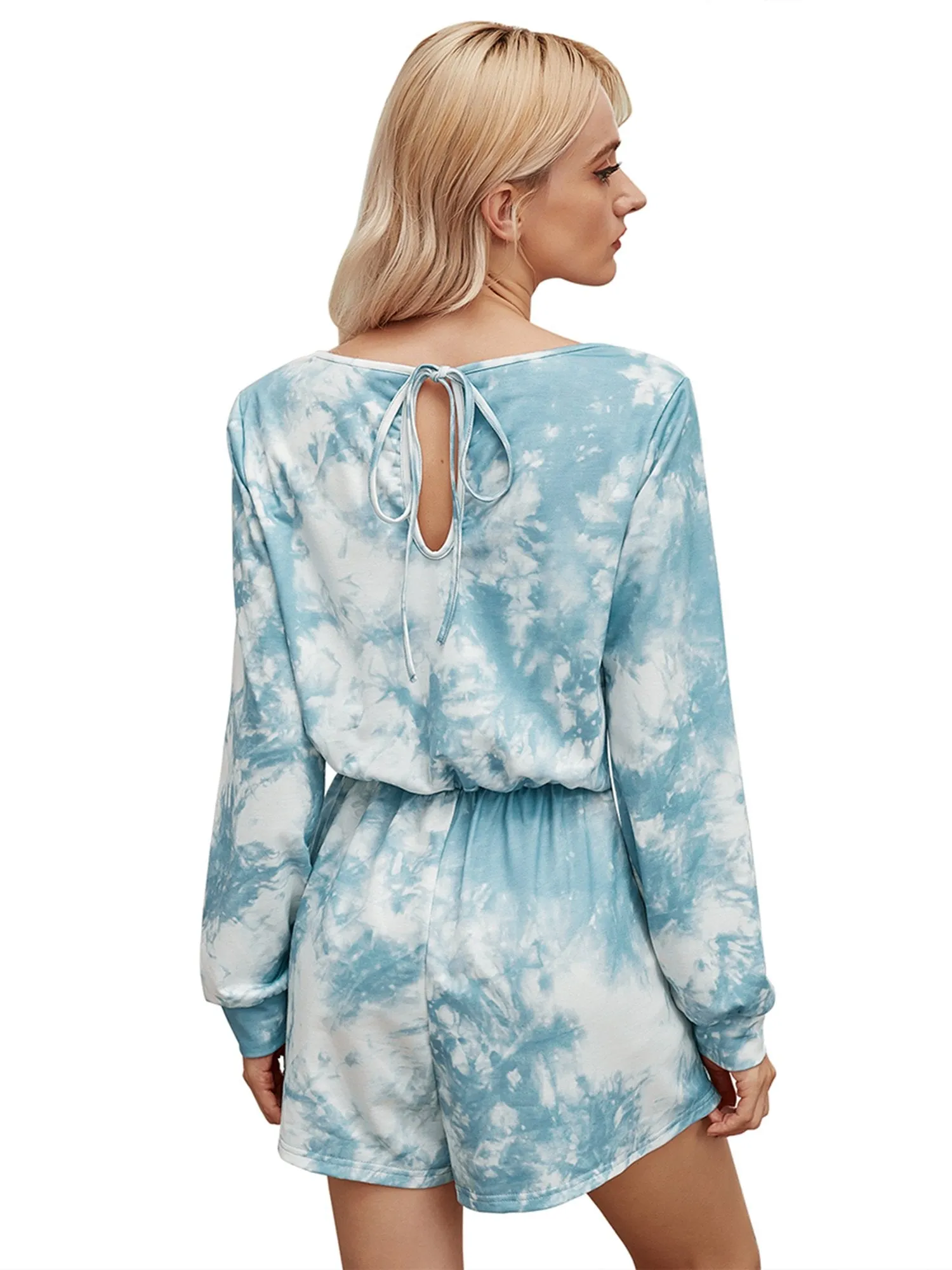 Women's Round Neck Long Sleeve Tie-dye Jumpsuits Lace-up Jumpsuit