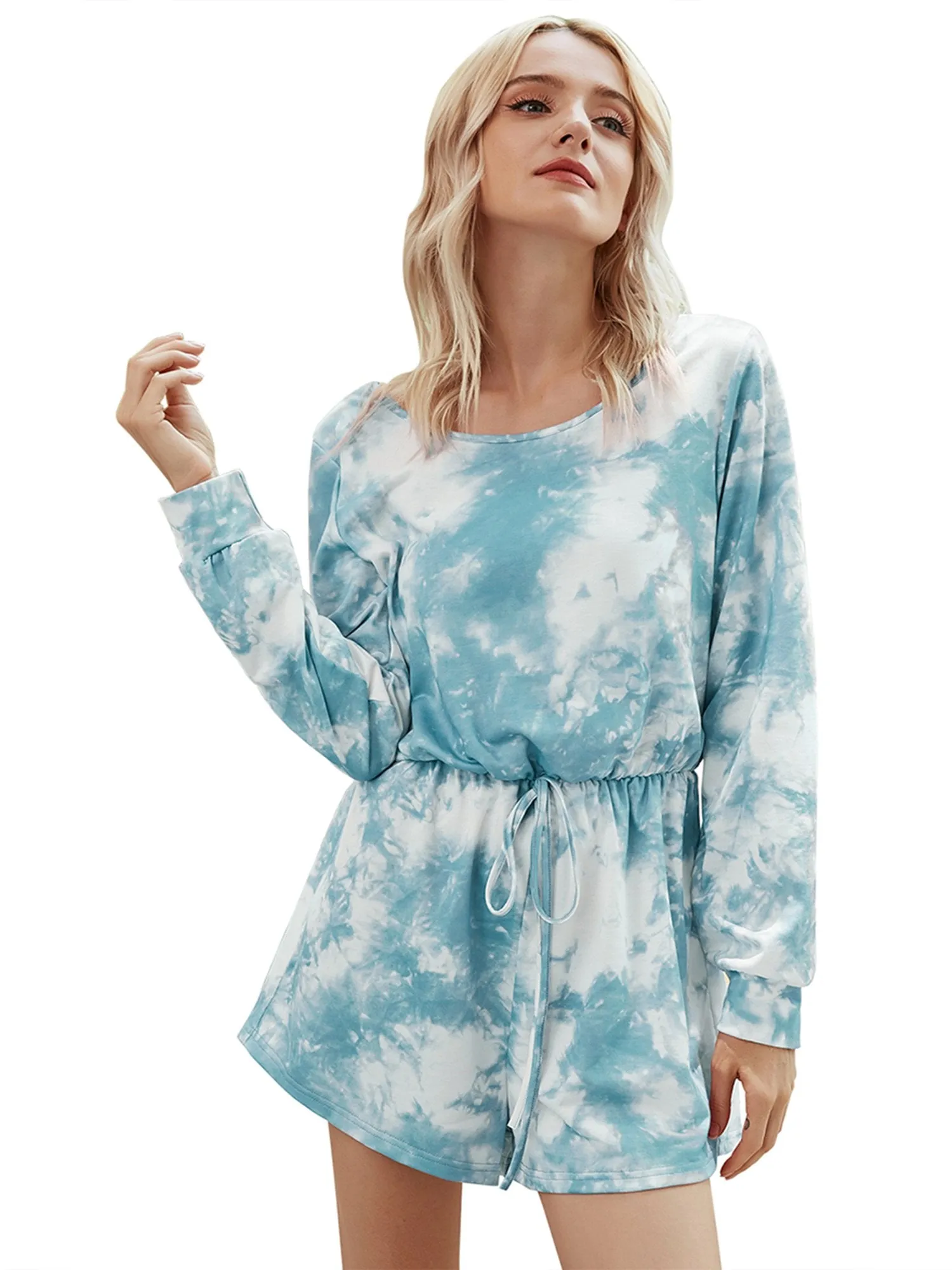 Women's Round Neck Long Sleeve Tie-dye Jumpsuits Lace-up Jumpsuit