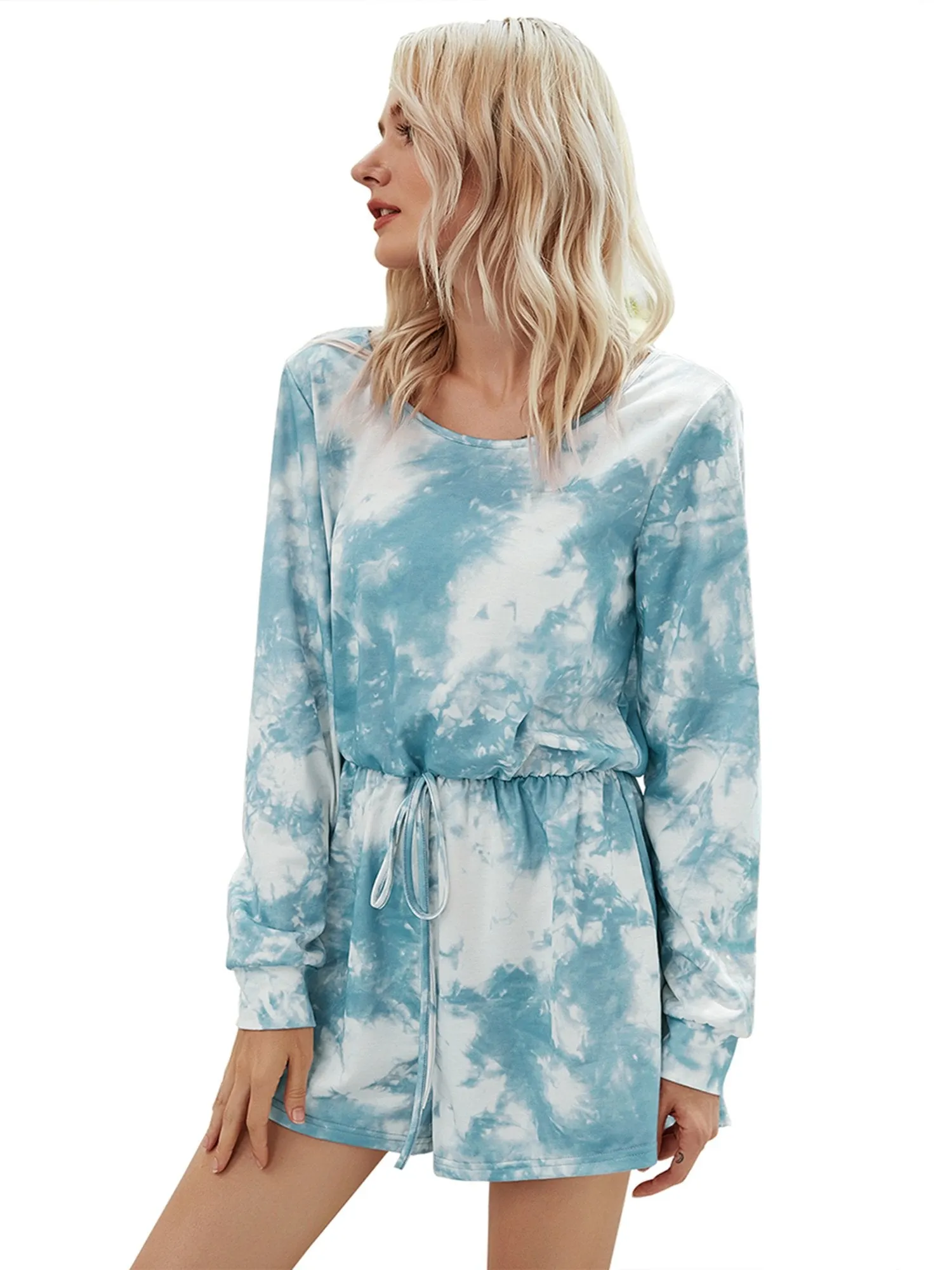 Women's Round Neck Long Sleeve Tie-dye Jumpsuits Lace-up Jumpsuit
