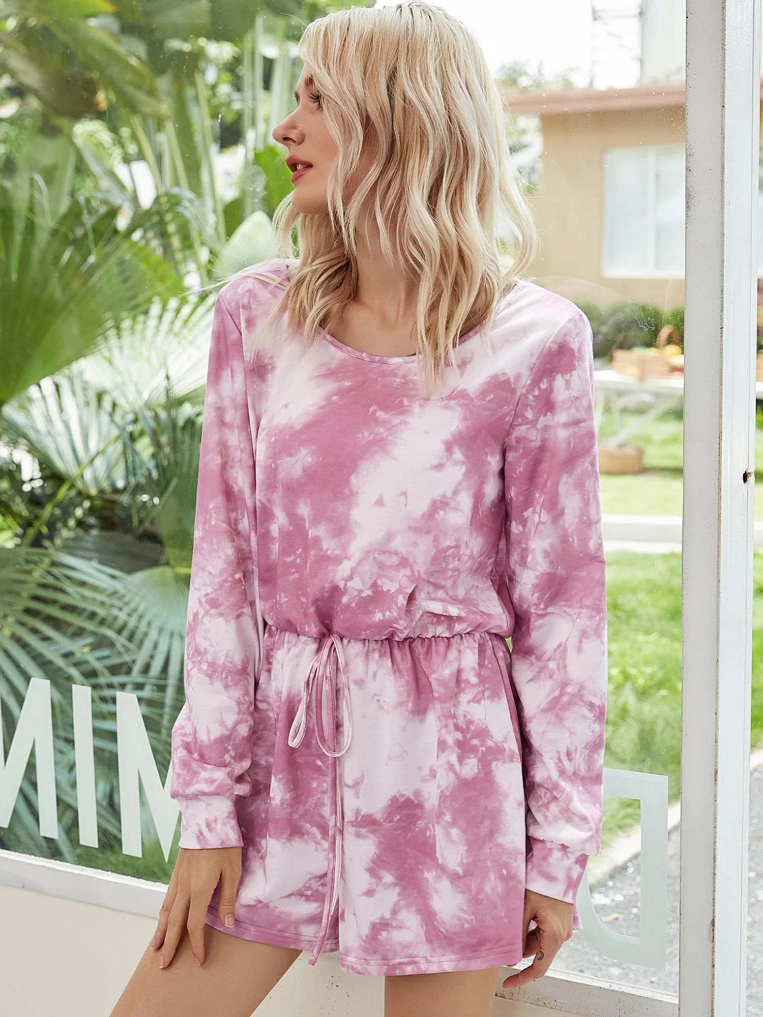 Women's Round Neck Long Sleeve Tie-dye Jumpsuits Lace-up Jumpsuit