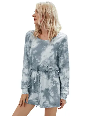 Women's Round Neck Long Sleeve Tie-dye Jumpsuits Lace-up Jumpsuit