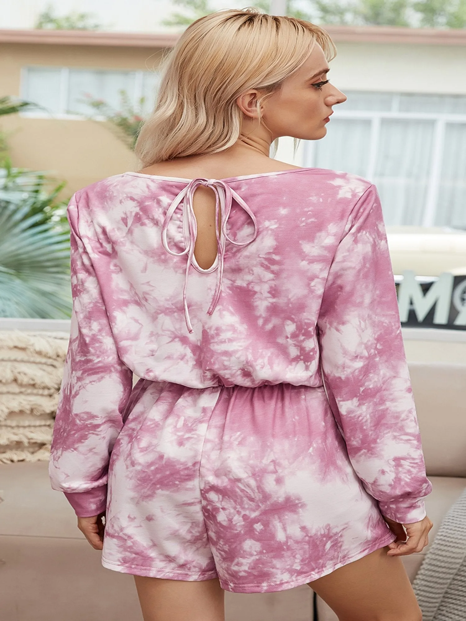 Women's Round Neck Long Sleeve Tie-dye Jumpsuits Lace-up Jumpsuit