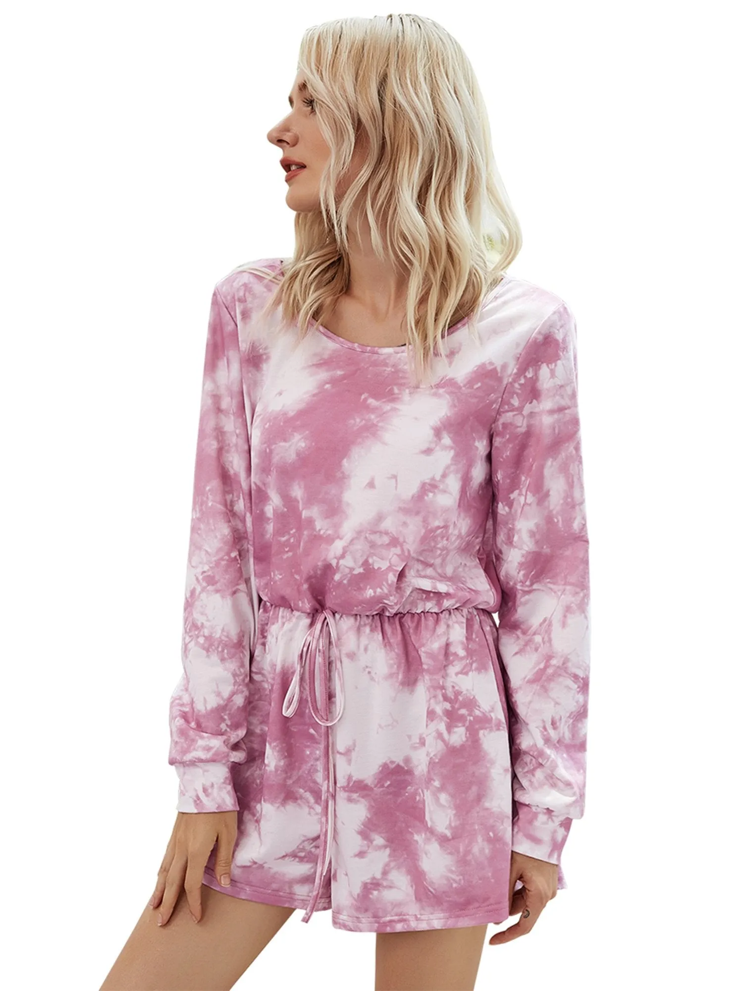 Women's Round Neck Long Sleeve Tie-dye Jumpsuits Lace-up Jumpsuit