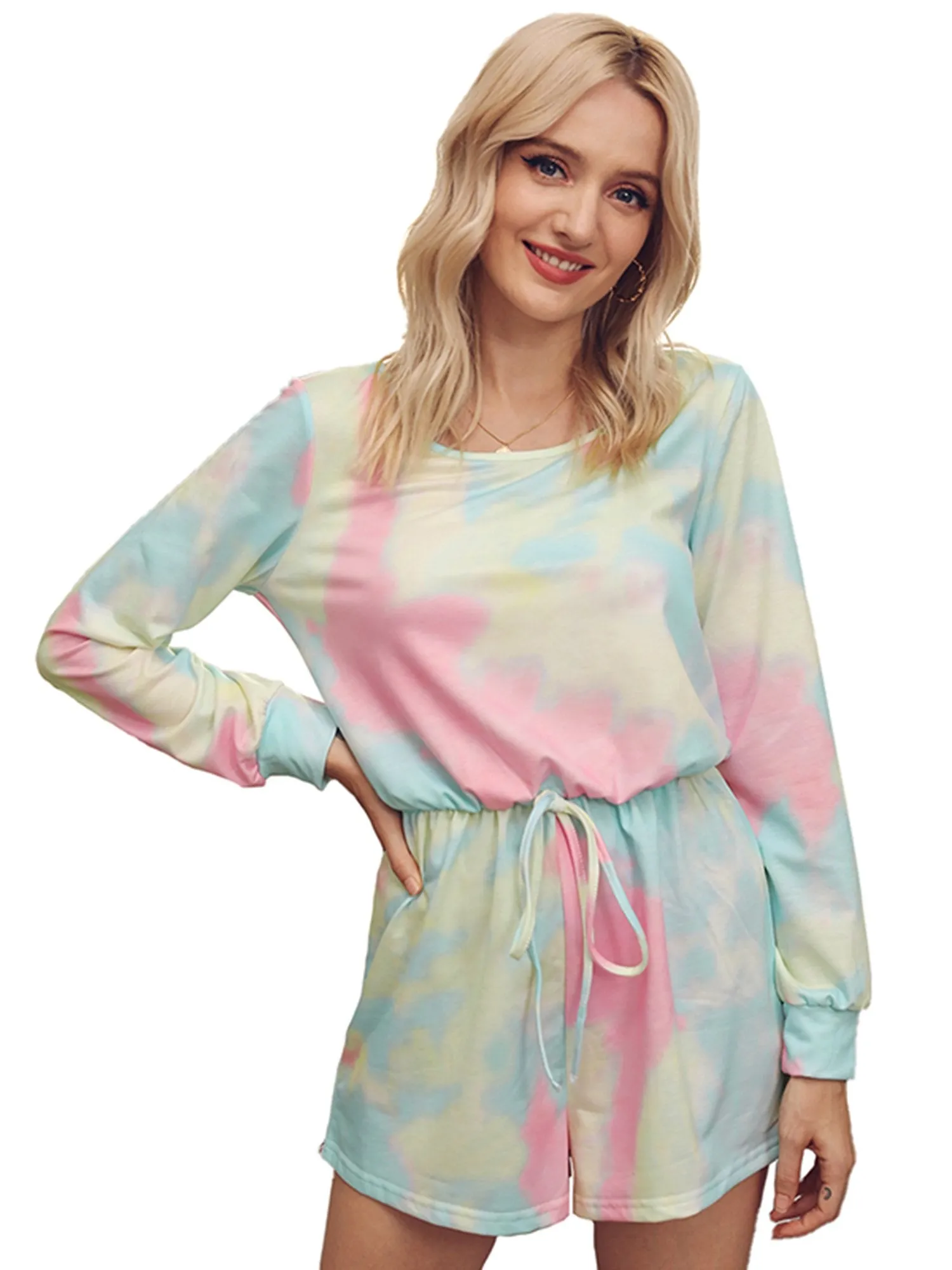 Women's Round Neck Long Sleeve Tie-dye Jumpsuits Lace-up Jumpsuit