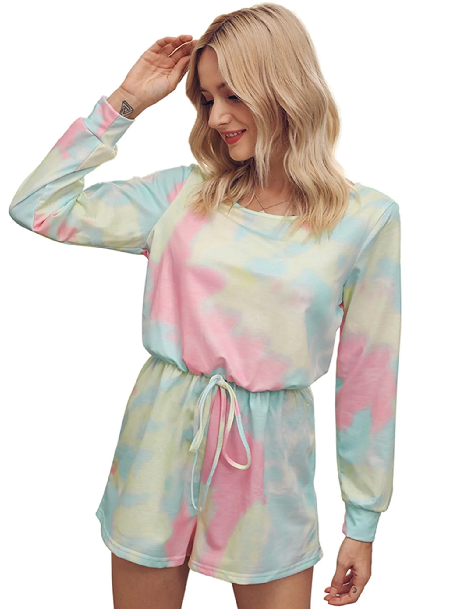 Women's Round Neck Long Sleeve Tie-dye Jumpsuits Lace-up Jumpsuit